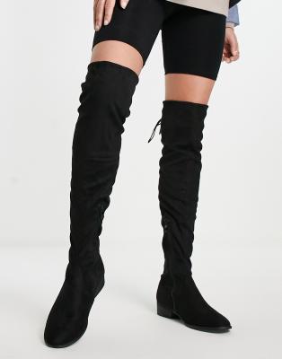 black suede thigh high flat boots
