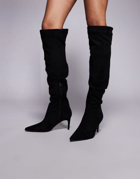 Public Desire Ellen pointed toe heeled knee boots in black faux suede - view 1