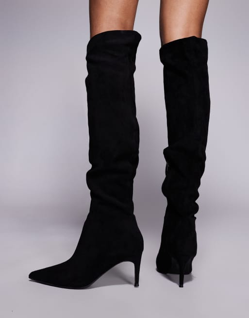 Public Desire Ellen pointed toe heeled knee boots in black faux suede