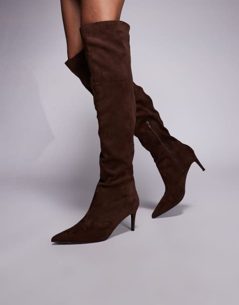 Public Desire Ellen pointed toe heeled knee boots in brown faux suede - view 1