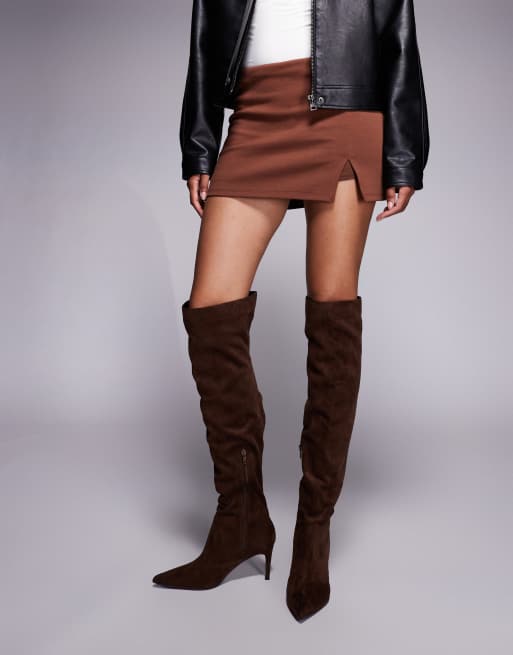Public Desire Ellen pointed toe heeled knee boots in brown faux suede