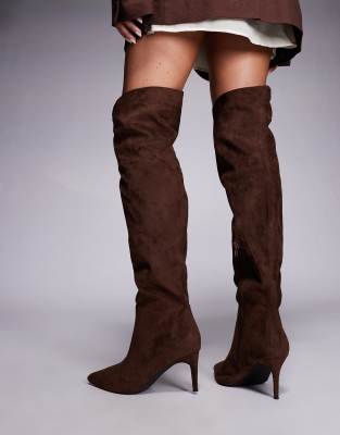 Public Desire Wide Fit Public Desire Ellen Wide Fit Pointed Toe Heeled Knee Boots In Brown