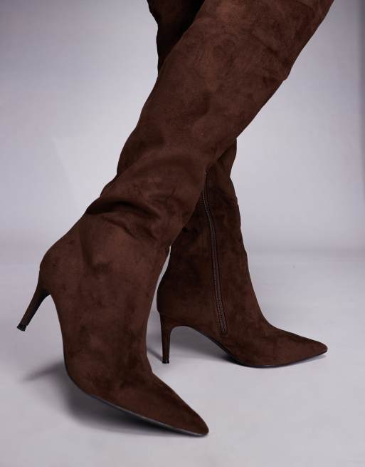 Public Desire Ellen Wide Fit pointed toe heeled knee boots in brown