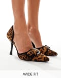 [Public Desire Wide Fit] Public Desire Elton Wide Fit two-part pointed heels with embellished buckle detail in leopard-Multi 36 Leopard
