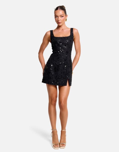 Public Desire Embelished floral sequin square neck mini dress in black - view 1