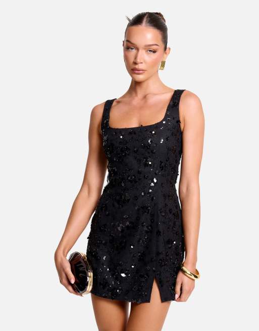 Public Desire Embelished floral sequin square neck mini dress in black, 2 of 4