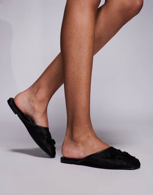 Public Desire embellished slip on mules in mesh black