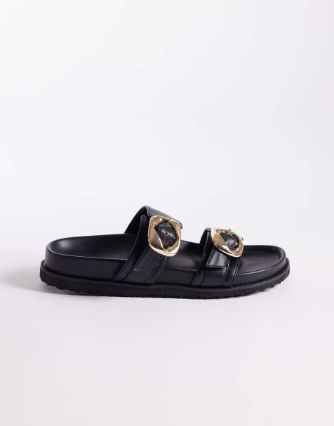Public Desire Emery double buckle flat sandals in black - view 1