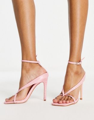 Public Desire Emilia heel sandals with square toe in pink croc