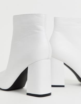 white leather block heel ankle boots