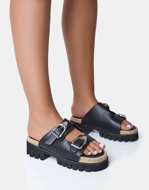 Public Desire Equinox chunky jute detail buckle flatform sandals in black