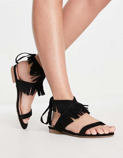 Public Desire - Esme - Sandales à lacets en imitation daim avec franges - Noir