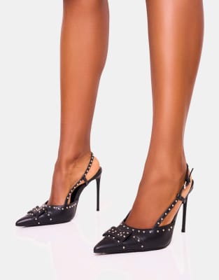  Espresso bow studded detail slingback court stiletto heel 