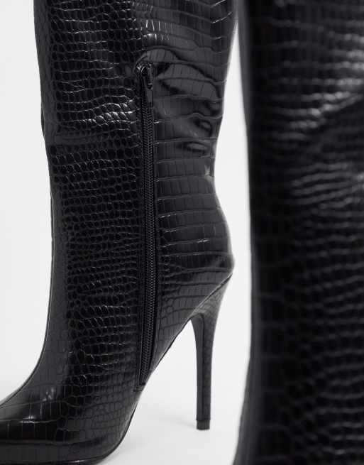 Public Desire Estelle pull on boots in black croc, 3 of 4