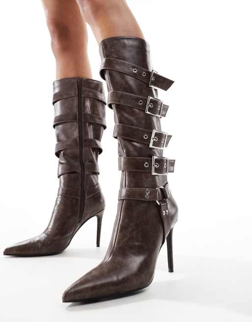 Public Desire Eugenia multi buckle pointed knee boots in brown distressed PU, 3 of 4