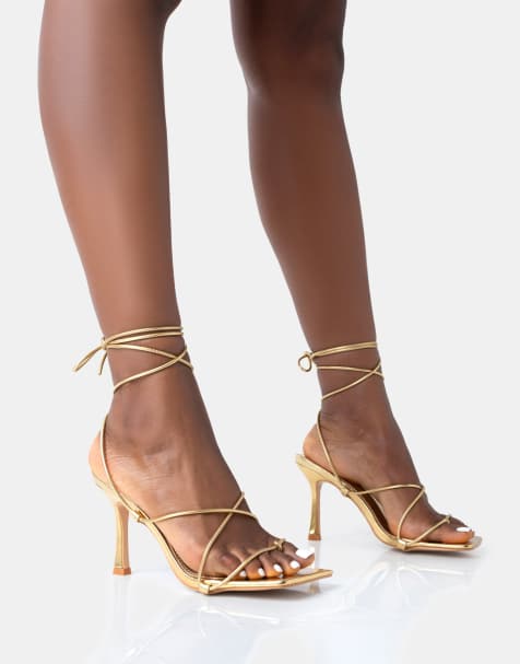 Public Desire Euphoria pu square toe lace up mid heels in gold pu - view 1