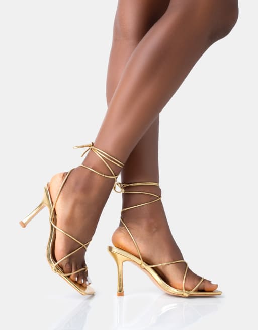 Public Desire Euphoria pu square toe lace up mid heels in gold pu