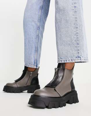 Exclusive Astra zip front chunky ankle boots in gray and black