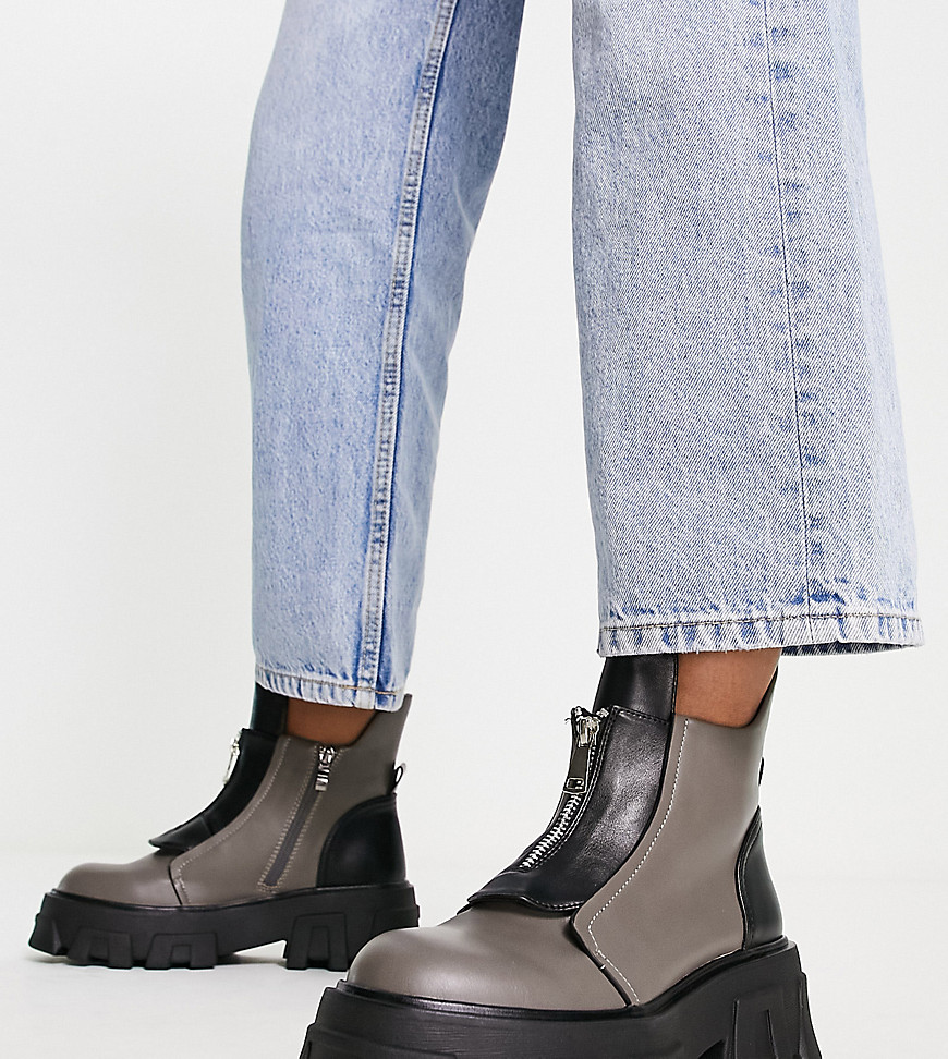 Public Desire Exclusive Astra Zip Front Chunky Ankle Boots In Gray And Black