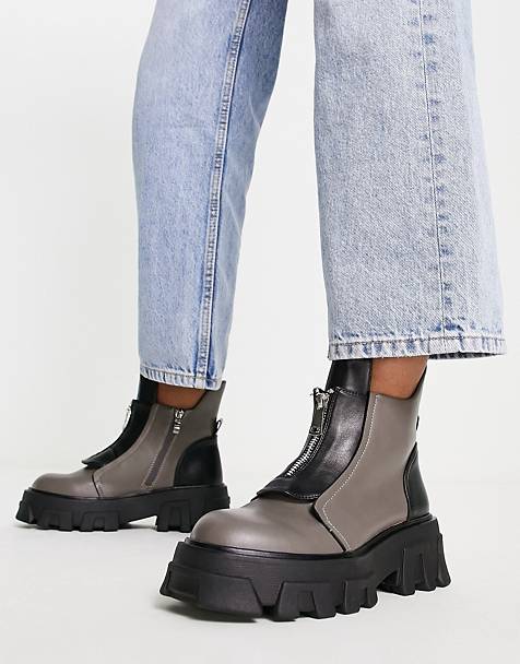 Public Desire Exclusive Astra zip front chunky ankle boots in grey and black