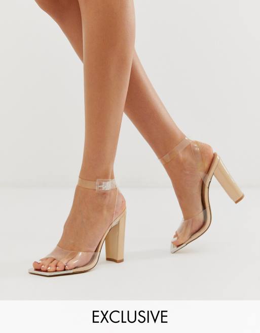 public desire tribute square toe clear heeled sandals in beige