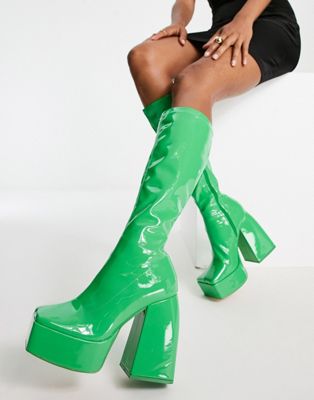 Public Desire Exclusive Heartbeat platform knee boots in bright green patent
