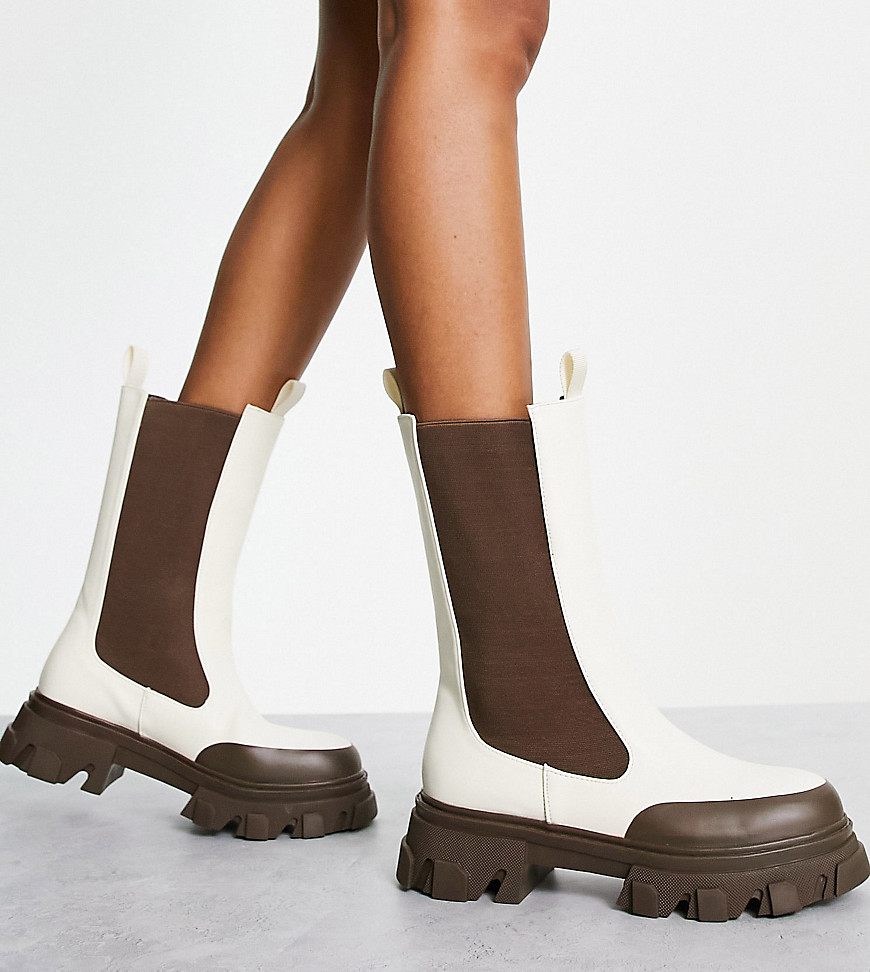 Public Desire Exclusive Kira calf length chelsea boots with contrast sole in off white-Multi