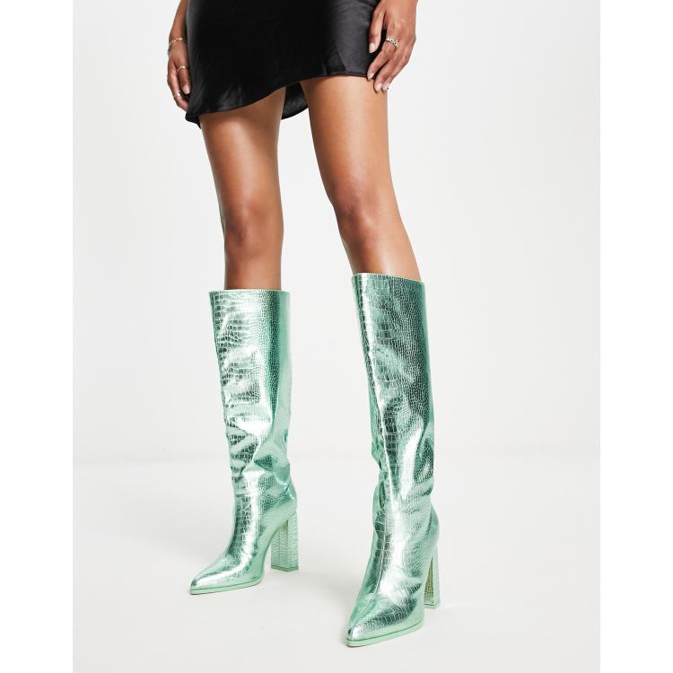 Public Desire Exclusive Posie heeled knee boots in metallic green
