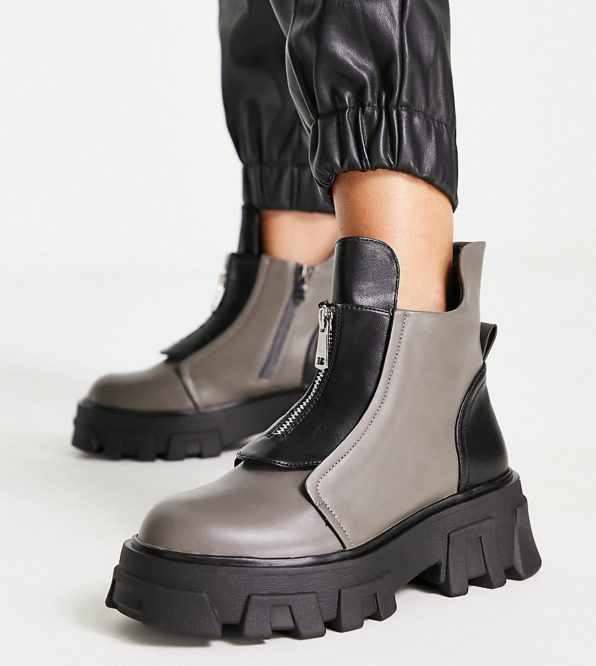 Public Desire Wide Fit Public Desire Exclusive Wide Fit Astra Zip Front Chunky Ankle Boots In Gray And Black