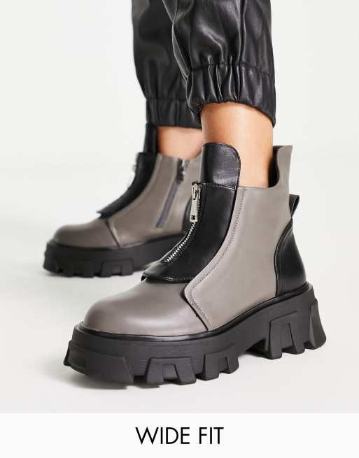 Public Desire Exclusive Wide Fit Astra zip front chunky ankle boots in gray  and black