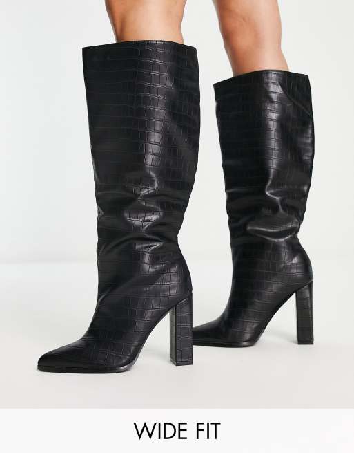 Public Desire Exclusive Wide Fit Far Away knee high boots in black croc ...