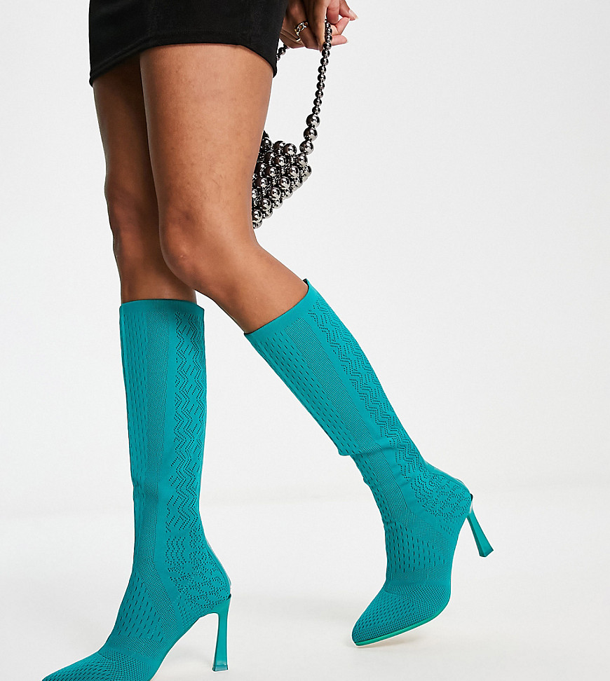 Public Desire Exclusive Wide Fit Ivy Knitted Knee Boots In Teal-Green
