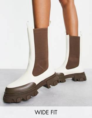 Public Desire Exclusive Wide Fit Kira calf length chelsea boots with contrast sole in off white