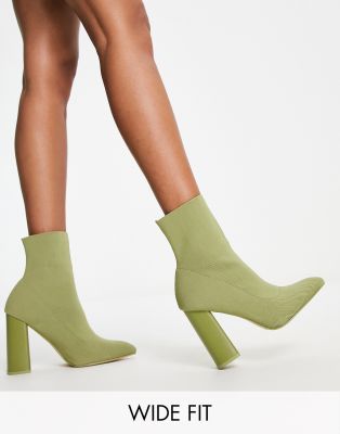 Public Desire Exclusive Wide Fit Loyal heel sock boots in olive knit-Green