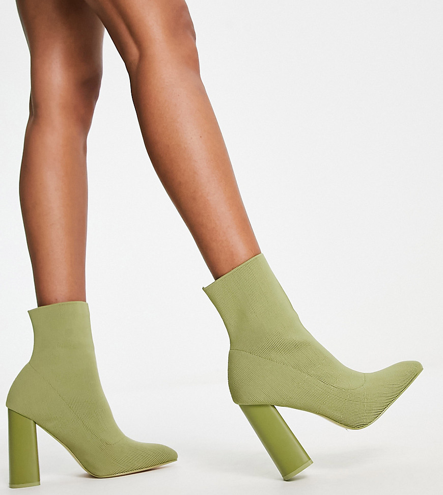 Public Desire Wide Fit Public Desire Exclusive Wide Fit Loyal Heel Sock Boots In Olive Knit-green