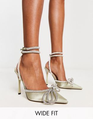 Public Desire Exclusive Wide Fit Midnight heeled shoes with diamante bow detail in jade - ASOS Price Checker