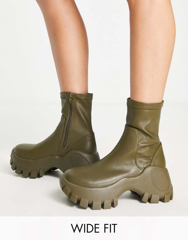 Public Desire Exclusive Wide Fit Nile cleated chunky sole boots in olive