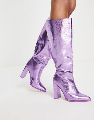 Public Desire Exclusive Wide Fit Posie heeled knee boots in metallic purple croc