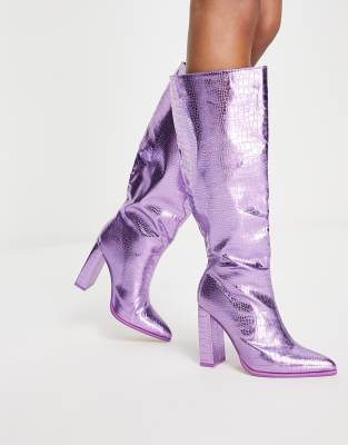 Public Desire Exclusive Wide Fit Posie heeled knee boots in metallic purple croc - ASOS Price Checker