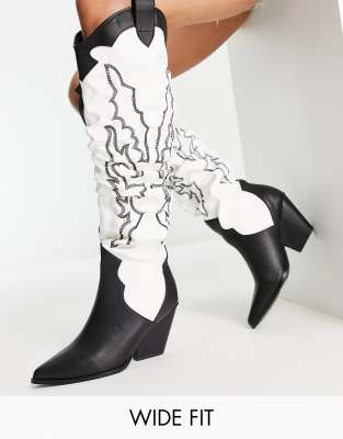 Public Desire Exclusive Wide Fit Rodeo ruched over the knee cowboy boots in black and white-Multi