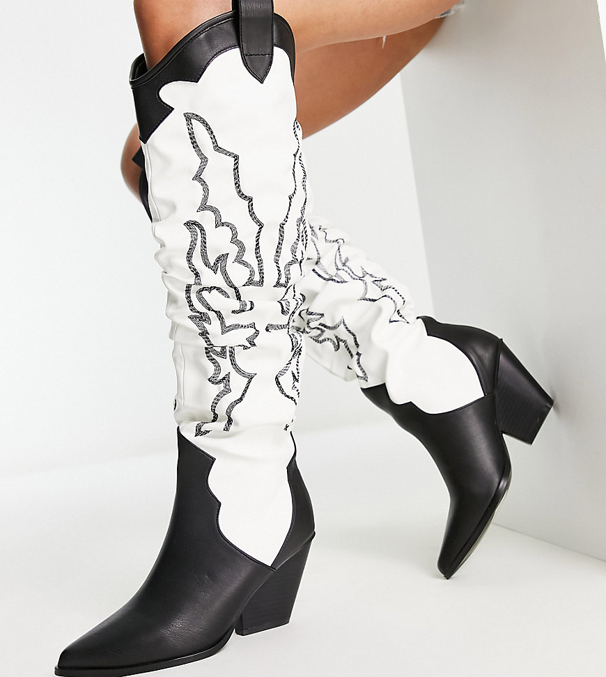 Public Desire Exclusive Wide Fit Rodeo ruched over the knee cowboy boots in black and white-Multi