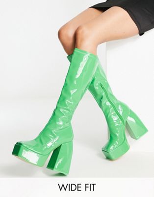 Public Desire Exclusive Wide Fit Unique platform knee boots in green