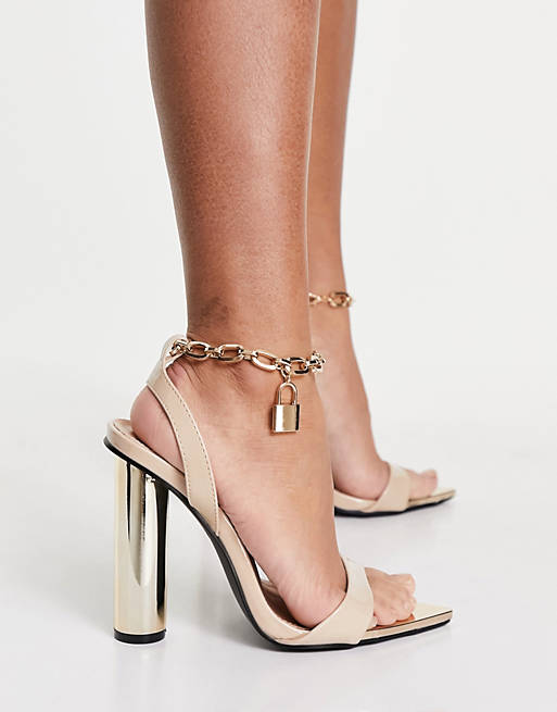 Public Desire Expression block heeled sandals with padlock detail in beige
