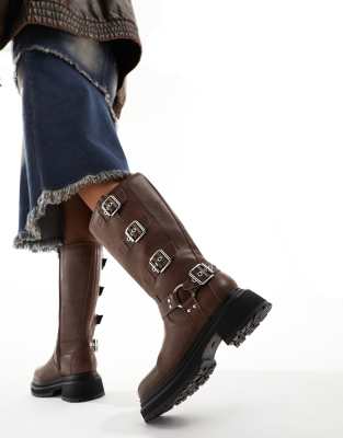 Public Desire Fast Track biker boots in chocolate