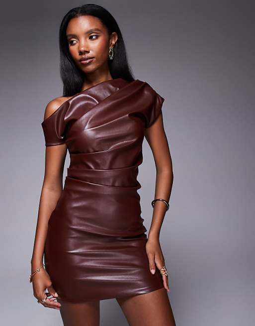 leather brown dress Women's Something to Behold Faux Short Sleeve Belted Midi | Size: L this dress has form and function Brown Vegan Leather Midi Dress