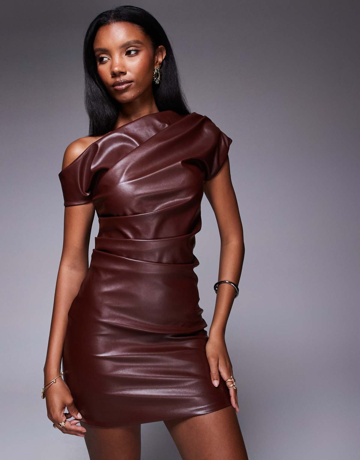 Public Desire Faux leather ruched detail one shoulder mini dress brown in brown