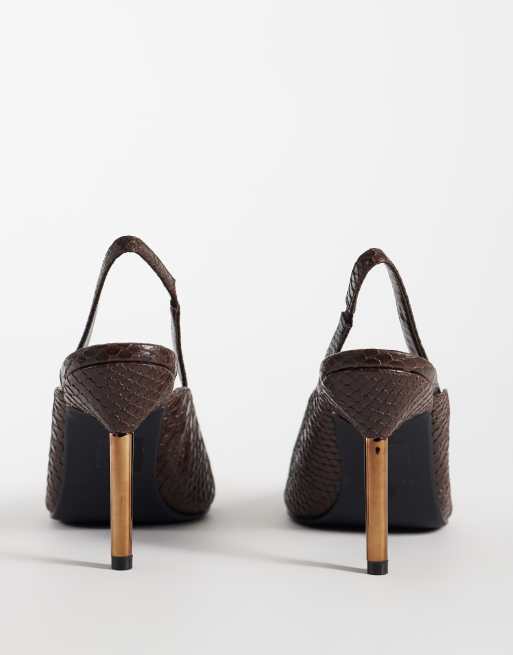 Public Desire Feyre slingback heeled shoes in chocolate snake, 4 of 5