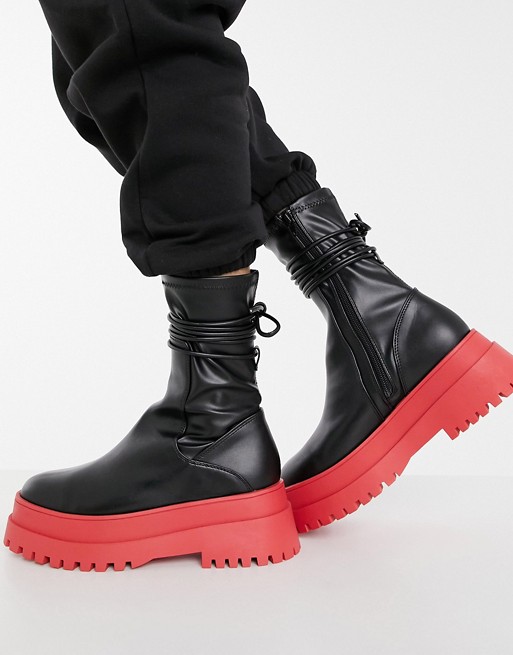 Public Desire Finale chunky flat ankle boots with tie in black and red