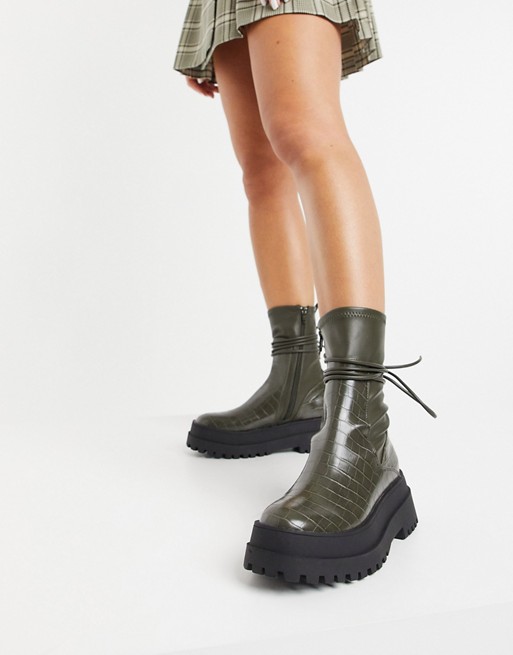Public Desire Finale chunky flat ankle boots with tie in olive croc