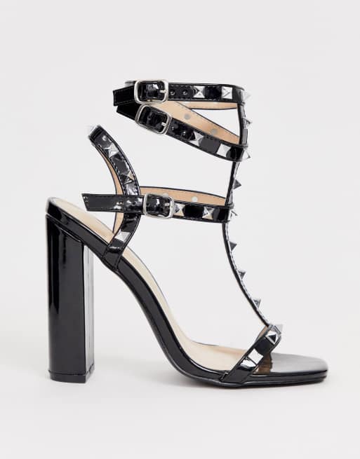 Public Desire Finally studded block heeled sandals in black patent